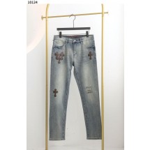 크롬하츠 브라운 레더 십자 패치 빈티지 워싱 데님 팬츠 (국내배송)